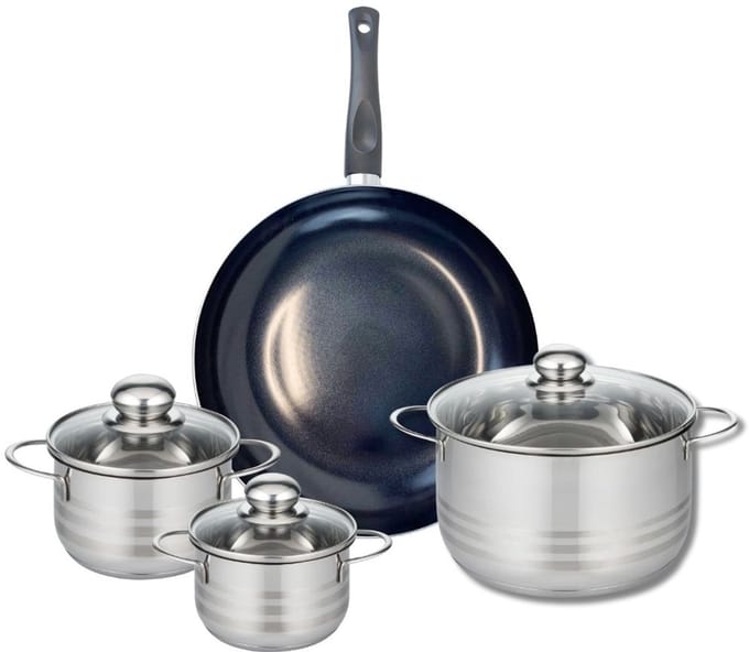Set van 1 Koekenpan 32 cm en 3 kookpotten 14, 16 en 24 cm Elo Prima Glanzend