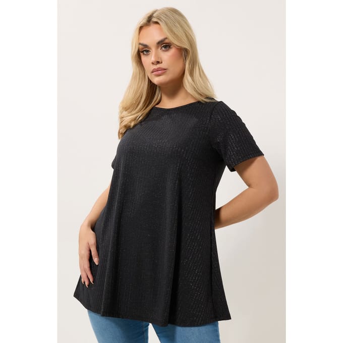 Yours Zwarte Glanzende Geribbelde Top Size 44