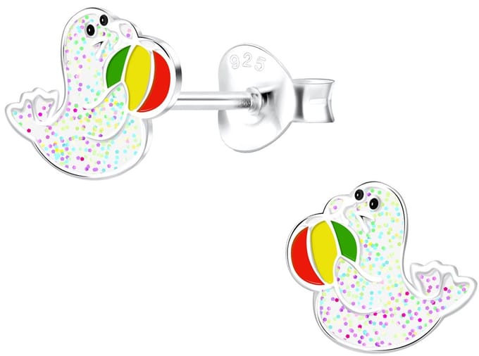 Joy|S - Zilveren zeehond oorbellen - 6 x 7 mm - glitter - met bal