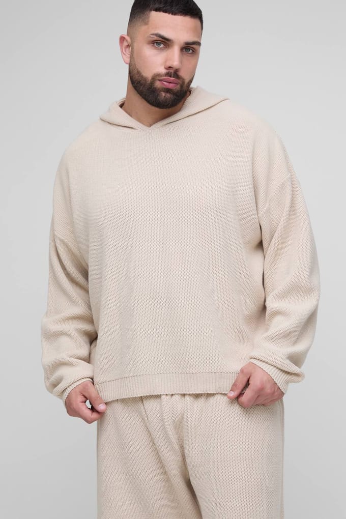 Plus Waffle Gebreide Oversized Hoodie & Short Set | Stone | Size 2XL