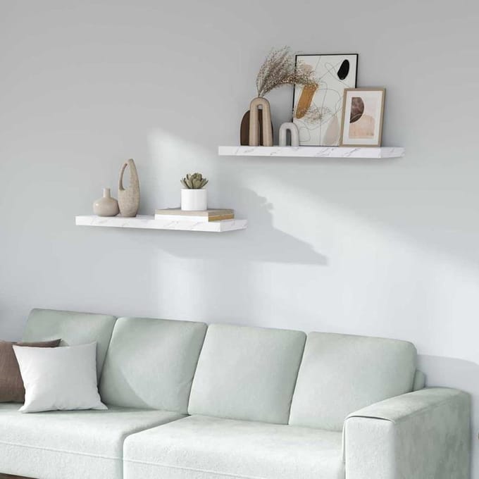 Wandrek Set - Zwevende Planken - Ruimte Organiseren - Wit Marmer Look - 80 cm Lengte - Wit
