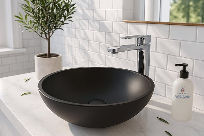 AquaVik Waskom Björka Solid Surface Rond Mat Zwart 43x13 cm