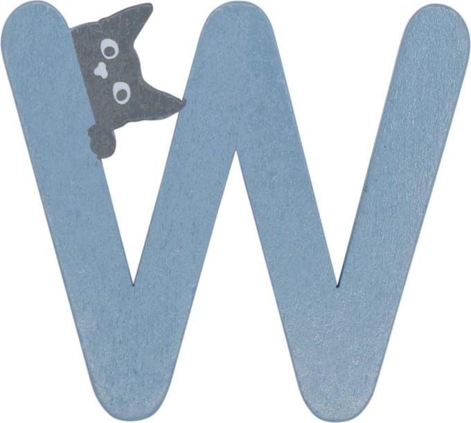 Houten Letter W Blauw met Kat | 9 cm