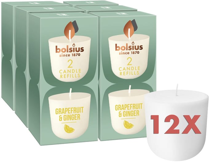 Bolsius - CleanLight - 12 Gegeurde Navullingen - Grapefruit & Ginger - Navulbare Geurkaarsen