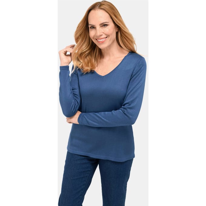 Ongecompliceerde pullover met een V-hals - blauw - Gr. 20 van Goldner Fashion