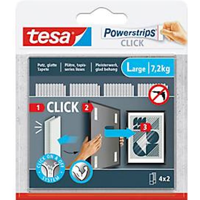 tesa® Powerstrips CLICK LARGE, 7,2 kg, 4 x 2 stroken, zelfklevend, voor vlakke wanddecoratie
