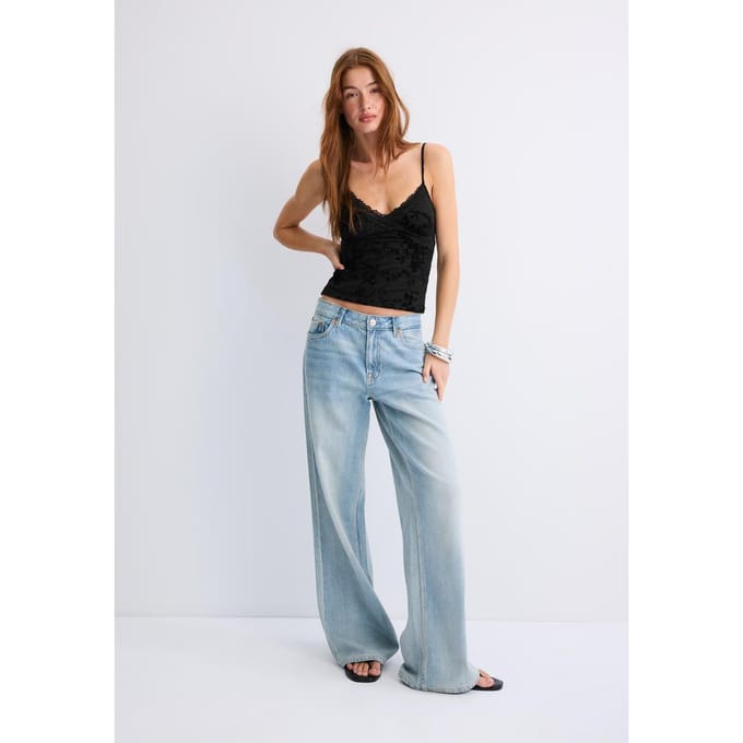 Stradivarius Aansluitende top met flockprint en kant  Zwart L