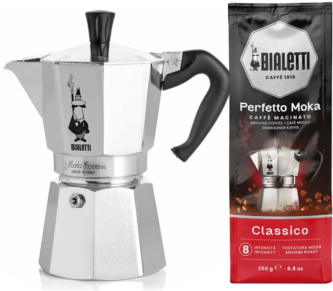 Bialetti Moka Express 2 kops + Bialetti Classico gemalen koffie 250gr