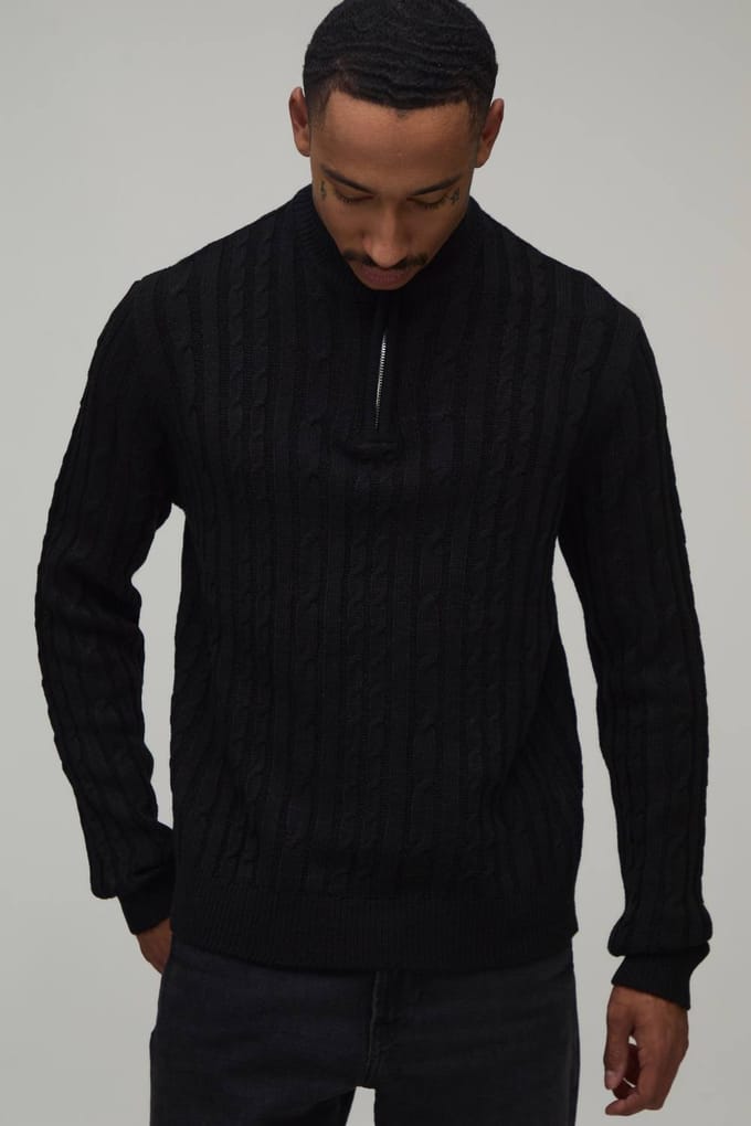 Regular Fit 1/4 Zip Cable Knitted Jumper | Black | Size Small