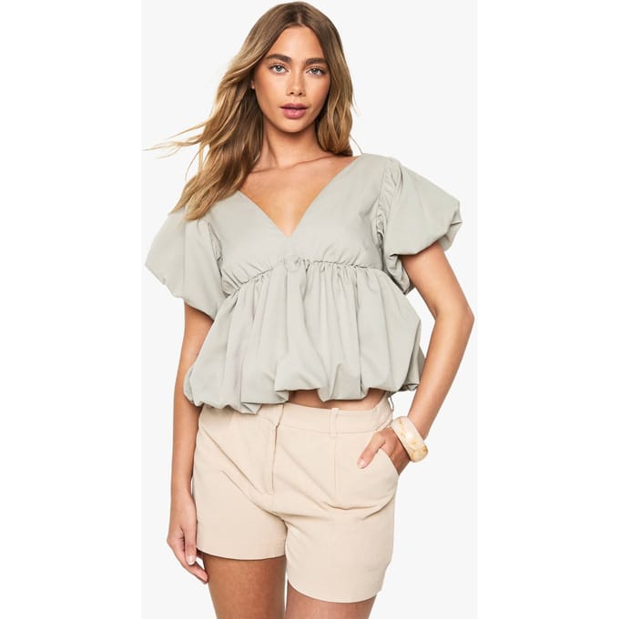 boohoo Dames Poplin Pofbal Top | Sage | Maat: 6