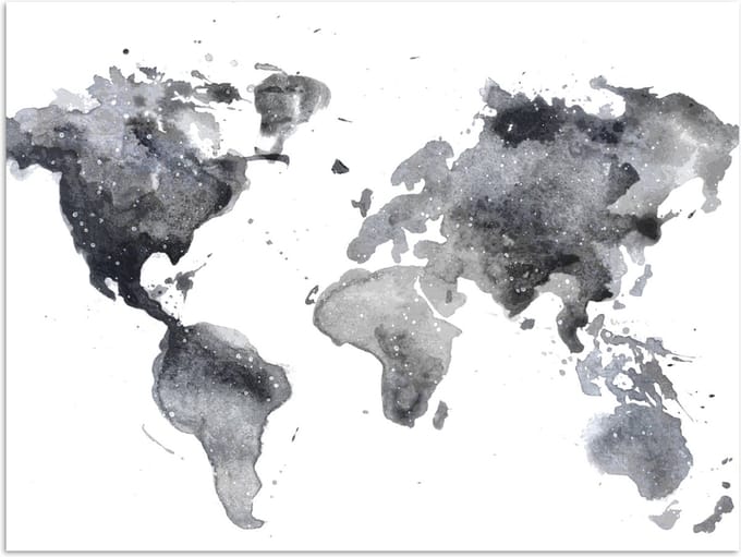 Poster - Wereldkaart - Abstract - Grijs - Waterverf - 40x30 cm