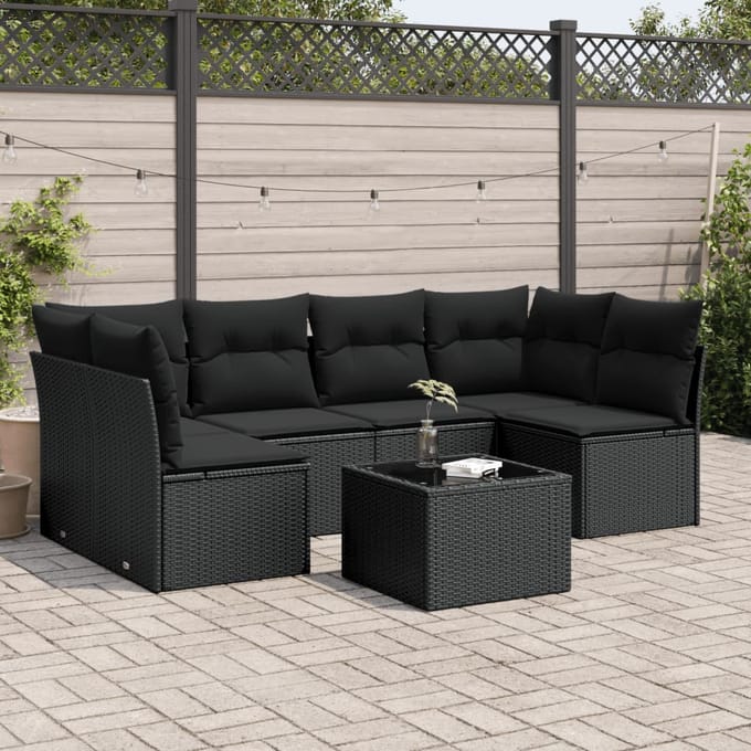 vidaXL - 7-delige - Loungeset - met - kussens - poly - rattan - zwart