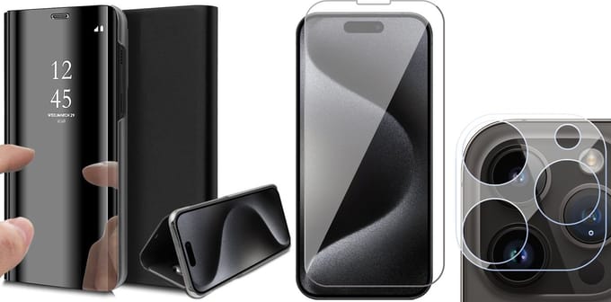 Hoesje geschikt voor iPhone 15 Pro Max - Screenprotector GlassGuard & Camera Lens Screen Protector - Book Case Spiegel Zwart