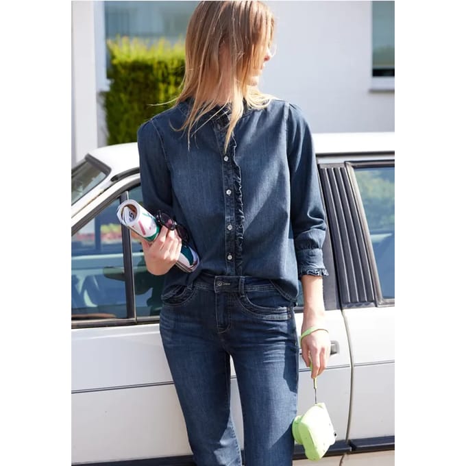 Denimblouse met lange mouwen en ruches