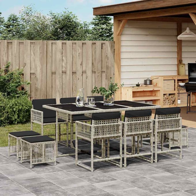 vidaXL - 11-delige - Tuinset - met - kussens - poly - rattan - lichtgrijs