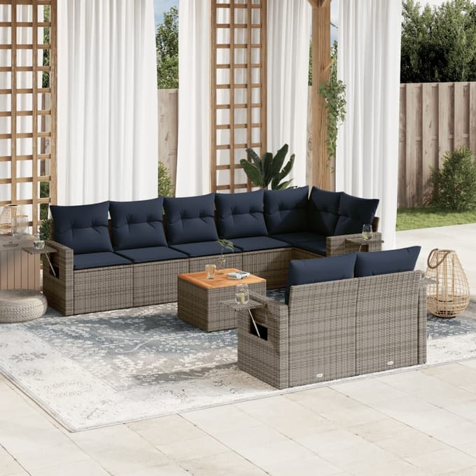 vidaXL - 9-delige - tuinbankset - met - kussens, - grijs - polyrotan