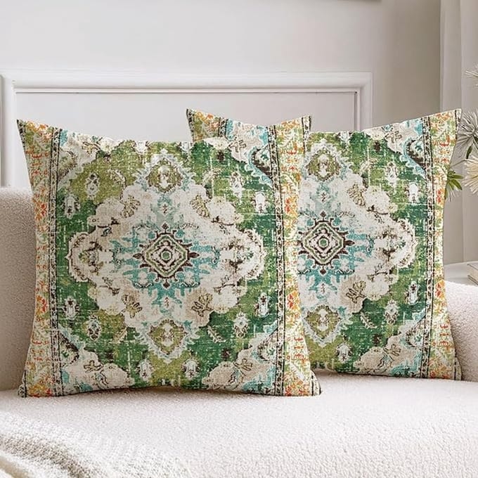 Set van 2 fluwelen sierkussens, groen, 45x45 cm, retro abstract patroon