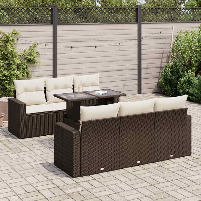 vidaXL - 7-delige - Loungeset - met - kussens - poly - rattan - bruin