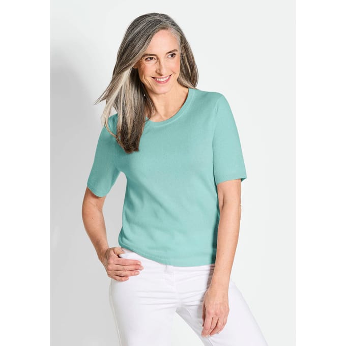Pullover van kasjmier met korte mouwen en ronde hals - mintgroen - Gr. 46 van Goldner Fashion