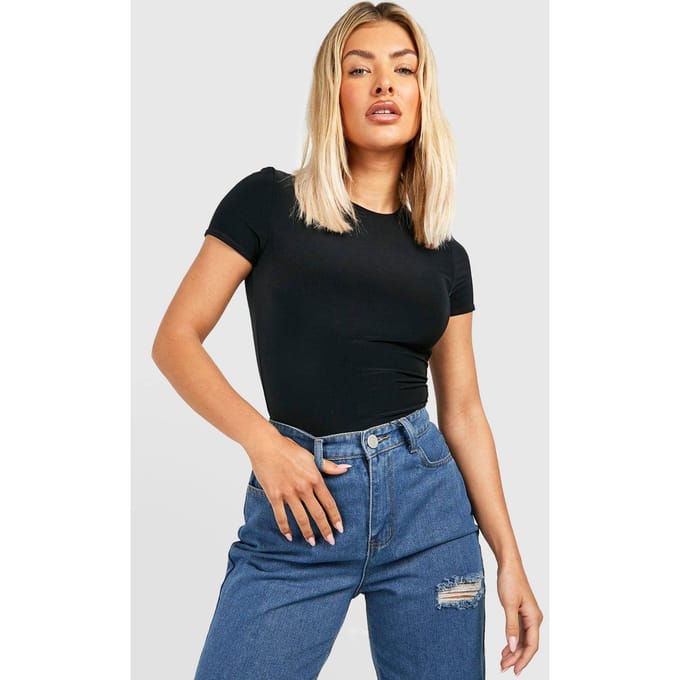 boohoo Dames Double Layer Slinky Short Sleeve Bodysuit | Zwart | Maat: 42