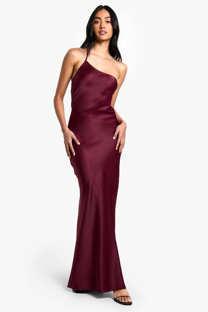 boohoo Dames Satijn Asymmetrische Maxi-Jurk | Wine | Maat: 16