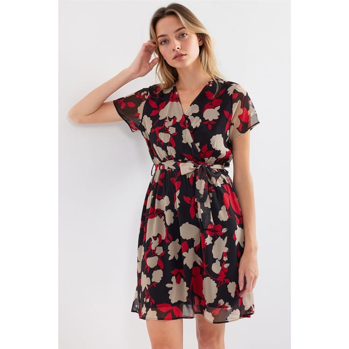 V-hals Bloemen Mini-jurk met Striksluiting