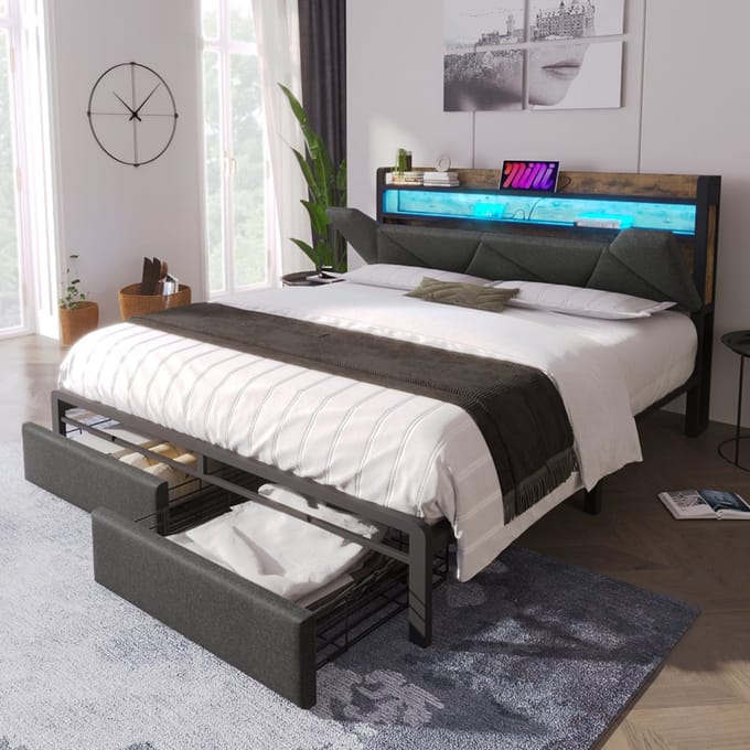 REDOM Bedframe – 160x200 cm – Met opberghoofdbord (LED, USB/Type-C) & 2 lades – Linnen – Grijs