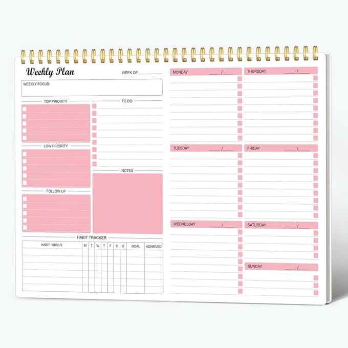 Wekelijkse Planner - Notitieboek Agenda - Productief Werken - Ongedateerd Ontwerp - A4 Formaat - Roze