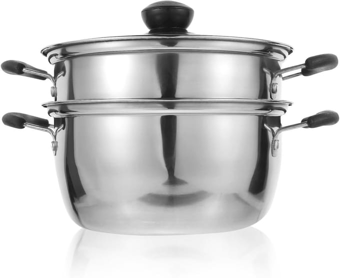 Stackable Stoomkoker met Glazen Deksel, RVS Soeppan en 2 Containers, Ideaal voor Groenten en Aardappelen, Diameter 18 cm