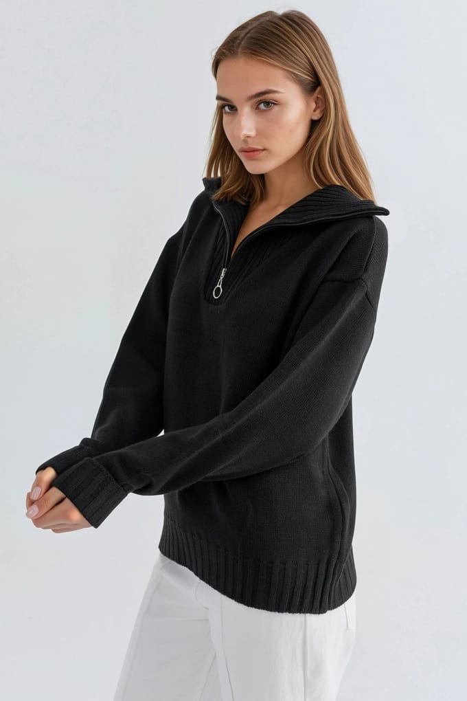 Oversized Geribde Gebreide Trui met Ritskraag