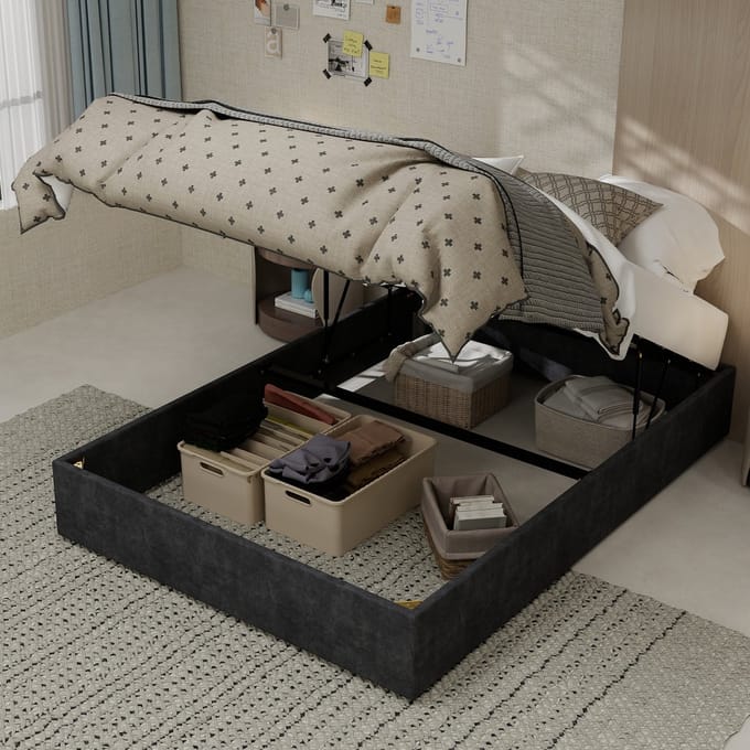 REDOM Bedframe – 140x200 cm – Stevige constructie – Met gasveer – Modern – Stof & metaal – Grijs