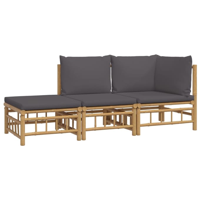 vidaXL - 3-delige - Loungeset - met - kussens - bamboe - donkergrijs