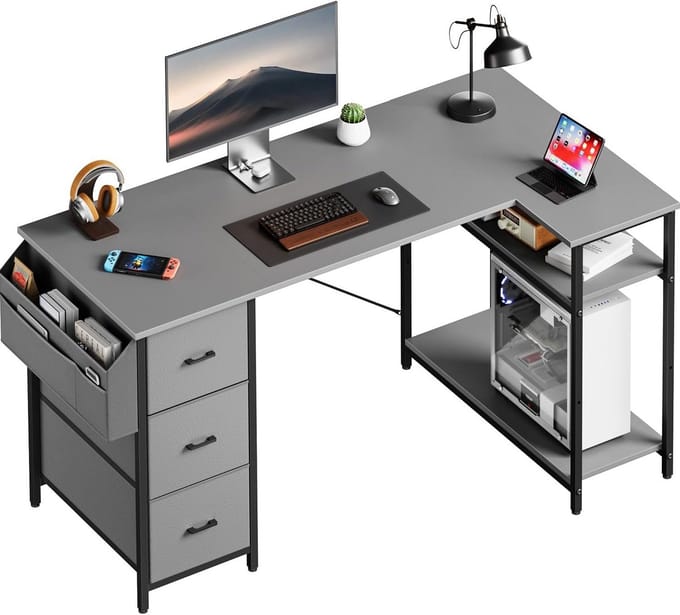 Hoekbureau met laden - L-bureau computer tafel - Thuiswerken en studeren - Veel opbergruimte - 140 x 80 cm - Grijs
