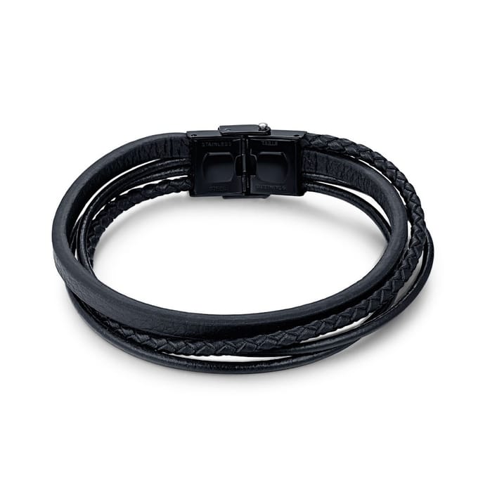 Twice As Nice Armband in edelstaal, 4 rijen zwart leder 21cm