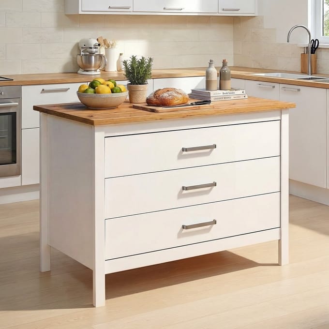 Interlink - kookeiland Piazza wit /eik met 3 laden - 124x75cm