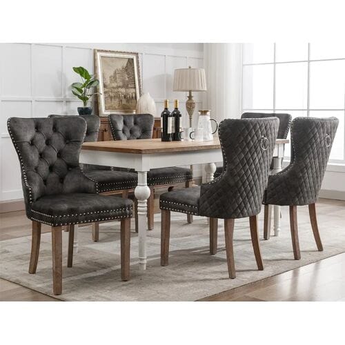 ModernLuxe Set van 6 fluwelen stoelen - massief houten poten - grijs