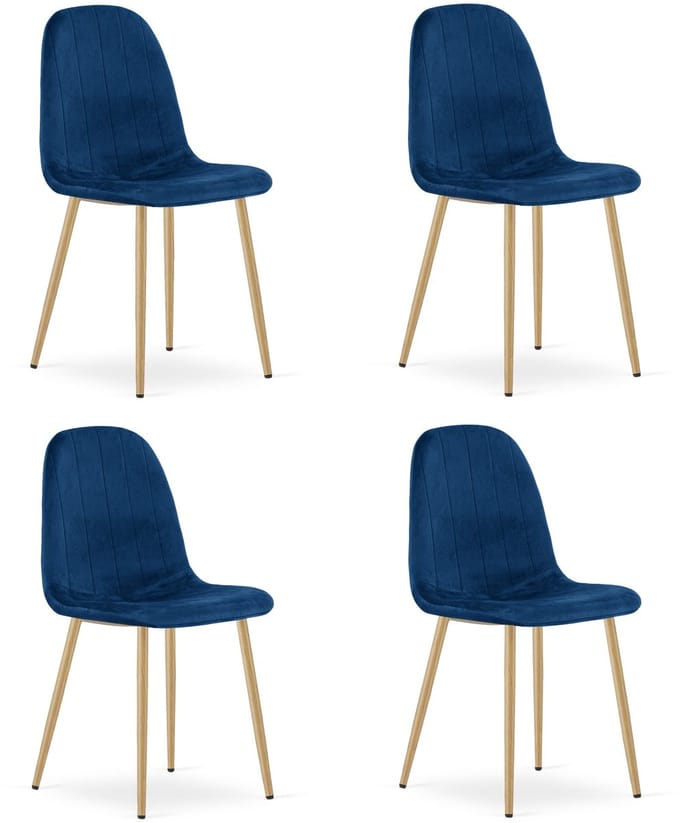 Set van 4 eetkamerstoelen PADVA – Fluweel donkerblauw – Eiken metalen poten – Modern design