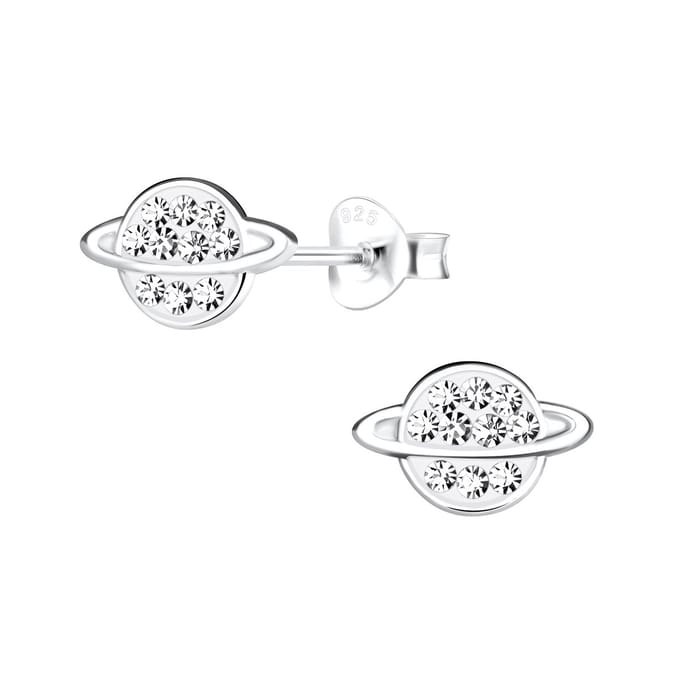 Joy|S - Zilveren planeet oorbellen - saturnus - 10 x6 mm - kristal