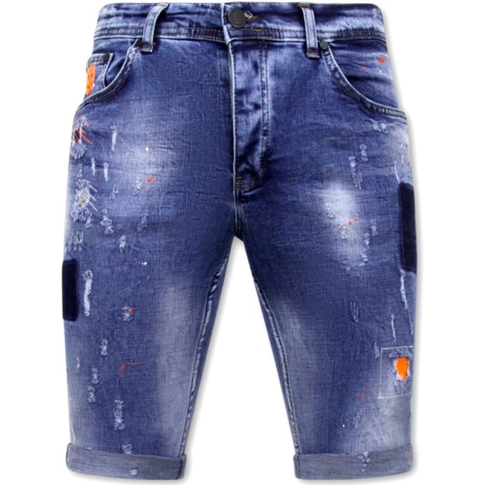 Korte Skinny Broek met Verfspatten Heren -1008-SH- Blauw