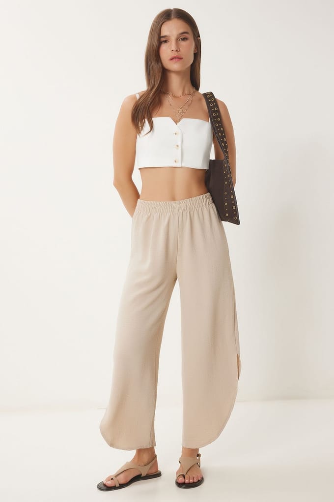 Wijde Pijp Textuur Pull-On Broek