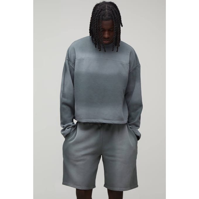 Gekrompen Paneel Wash Sweatshirt Kort Trainingspak | Light Grey | Size Medium