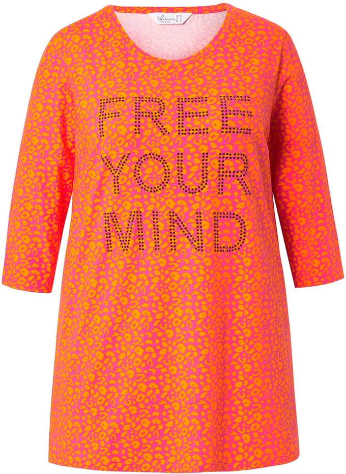 MIAMODA - Dames - Longshirt luipaardpatroon glitterstatement 3/4-mouw - Oranje - Maat 44