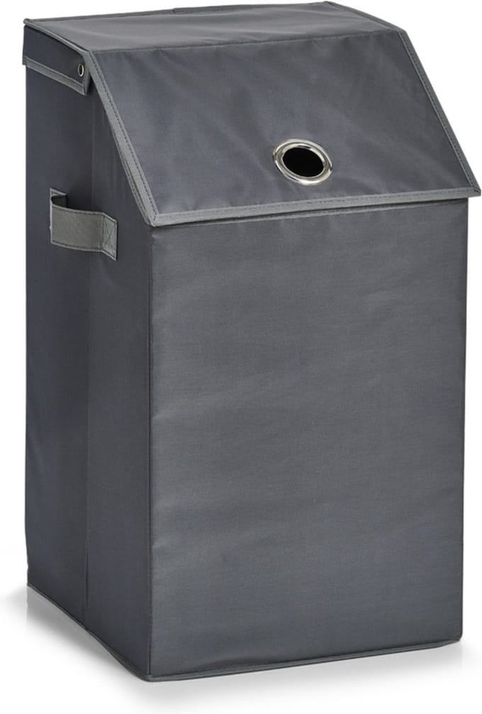 Zeller Wasmand - antraciet - met deksel - polyester - 34 x 34 x 60 cm - Wasgoedmanden