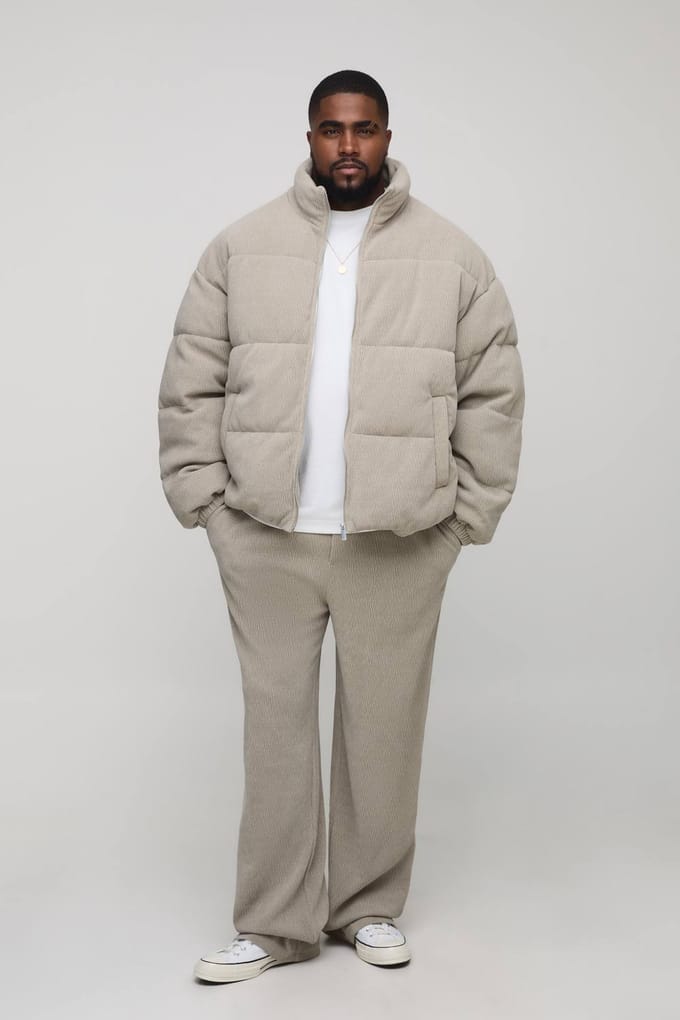 Plus Regular Fit Textured Faux Suede Funnel Neck Puffer Jacket | Grey | Size 2XL