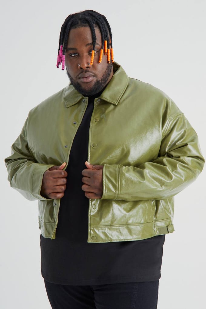 Plus Boxy High Shine PU Harrington Jas | Olive | Size 2XL