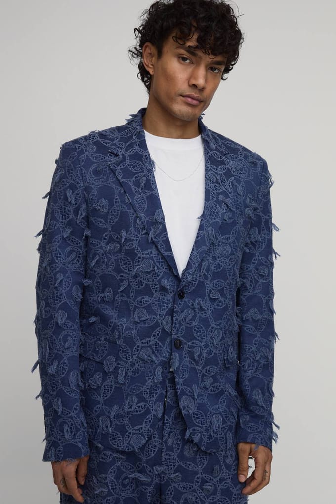 Getextureerde Denim-look Blazer Met Relaxed Fit | Navy | Size 40