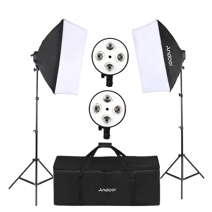 Andoer Studio Fotografie Kit Softbox Verlichtingsset met 50x70cm Softbox * 2 + 4in1 Lampfitting * 2 EU Plug white