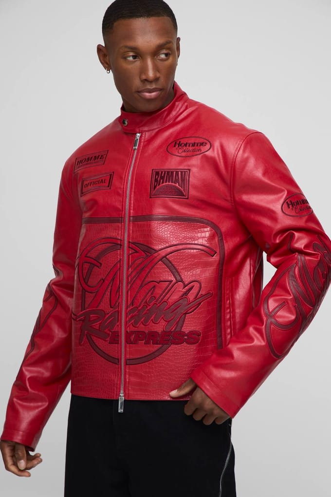 Regular Fit Men's Racing PU Biker Jacket | Red | Size Medium