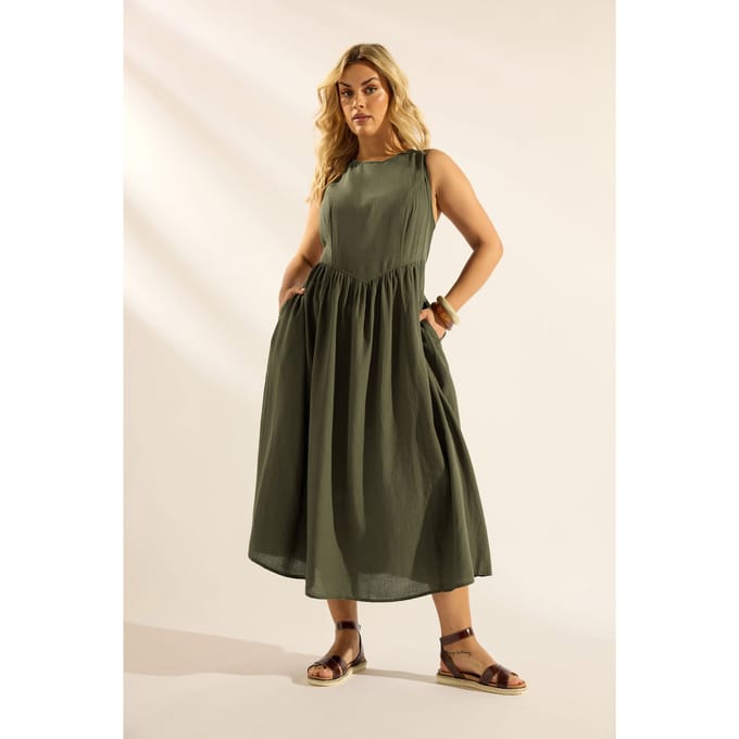 Yours Kaki Groene Mouwloze Maxijurk Van Linnen Size 44