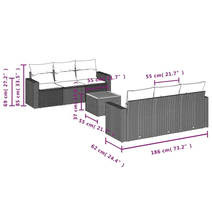 vidaXL - 7-delige - Loungeset - met - kussens - poly - rattan - grijs